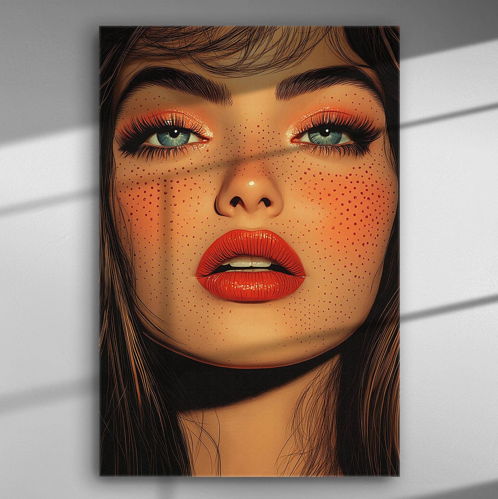 Vibrant portrait of a woman's face with red lips and blue eyes on canvas