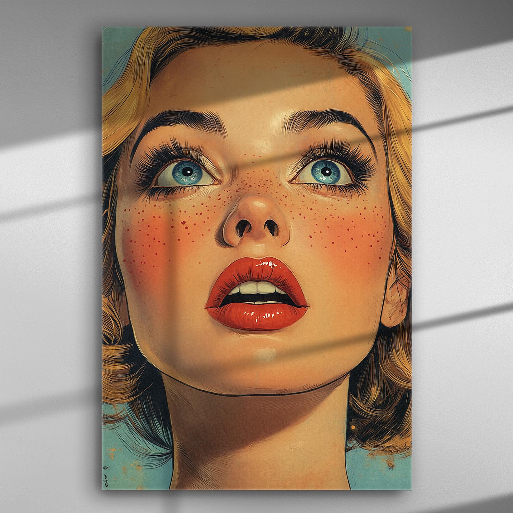 Portrait of a woman with wide open eyes, vibrant colors, artistic expression in canvas print.