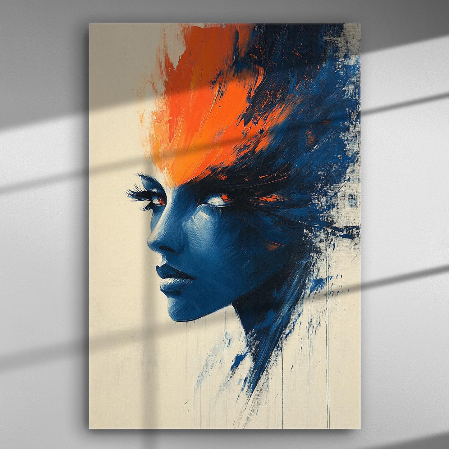 Colorful abstract painting of a woman's face in blue and orange tones.