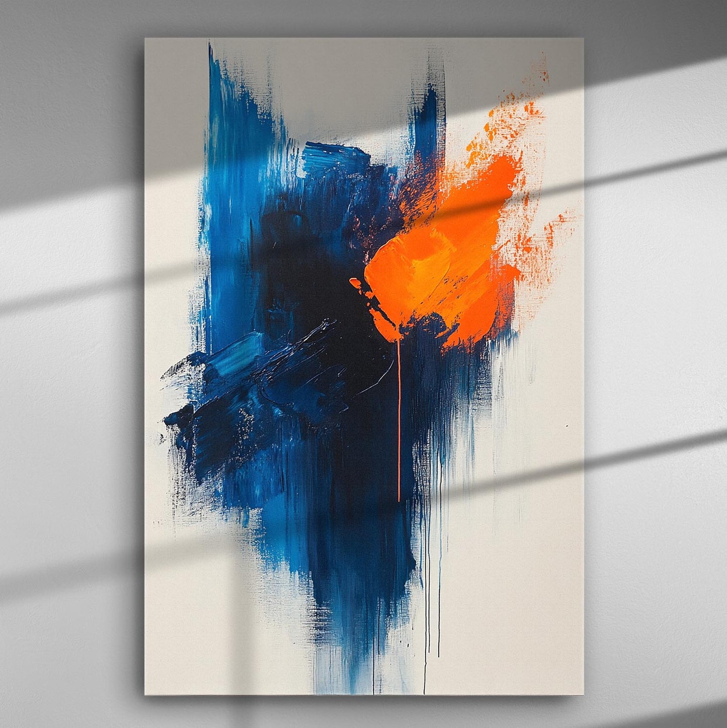 Abstract canvas print with vibrant blue and energetic orange brushstrokes.
