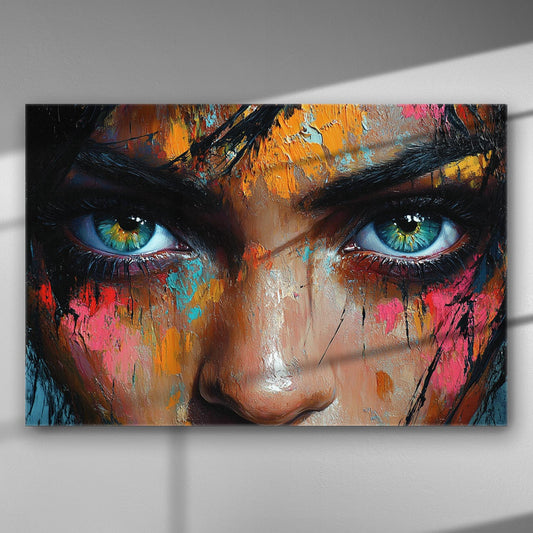 Close-up of abstract painting with expressive eyes and vibrant colors on canvas.