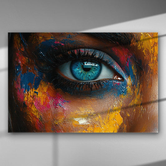 A close-up of a vibrant blue eye surrounded by colorful abstract paint on canvas.