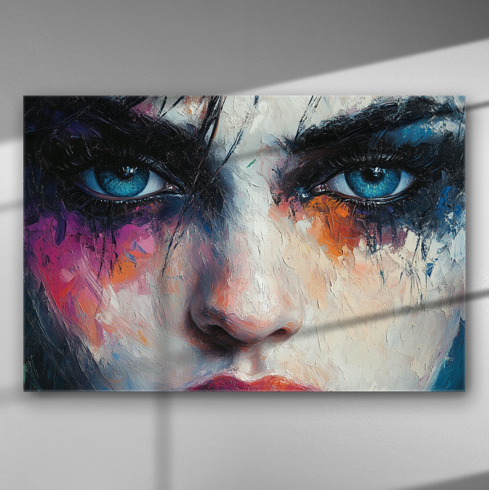 Close-up portrait of a face with expressive blue eyes and colorful paint strokes on canvas.