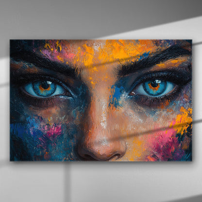 Close-up portrait of eyes with vibrant colors, including blue, orange, and pink, on a canvas print.