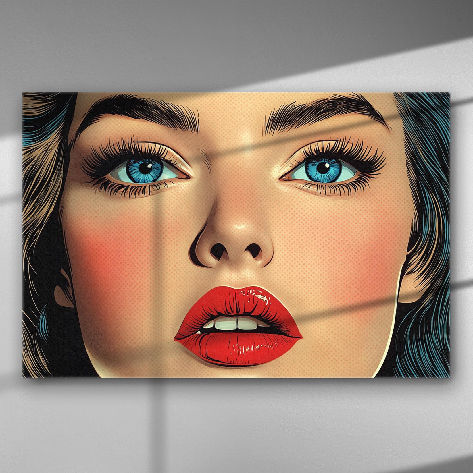 Pop art style portrait with expressive woman, vivid red lips, and bright blue eyes on canvas.