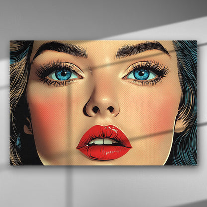 Pop art style portrait with expressive woman, vivid red lips, and bright blue eyes on canvas.