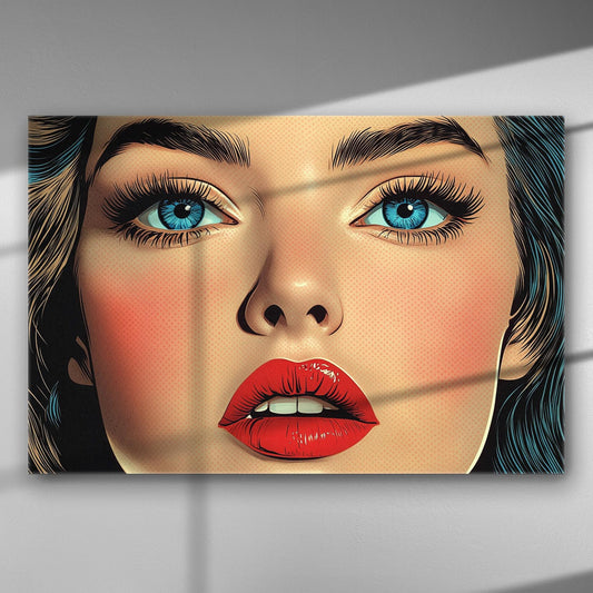 Pop art style portrait with expressive woman, vivid red lips, and bright blue eyes on canvas.