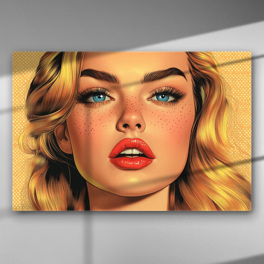 Portrait of a woman with golden hair and blue eyes on a canvas print.