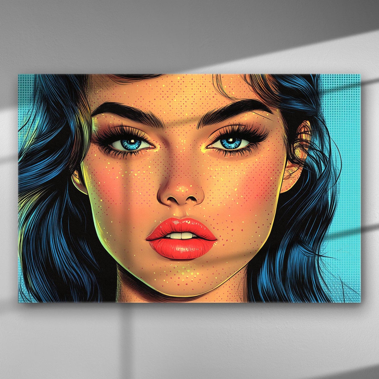 Pop art style portrait of a woman with blue eyes and red lips on a canvas.