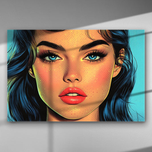 Pop art style portrait of a woman with blue eyes and red lips on a canvas.