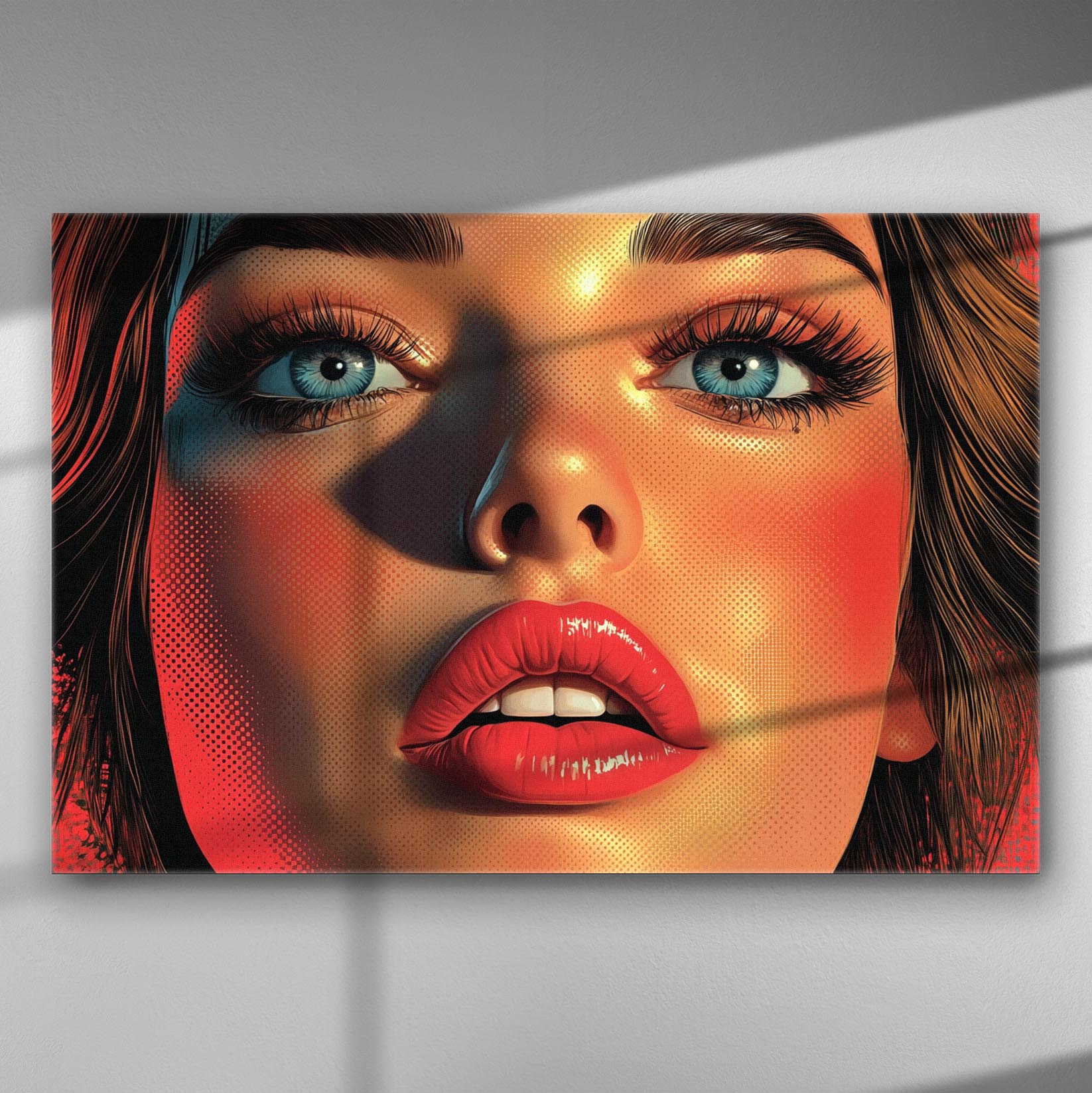 Portrait of a woman's face with vibrant colors and expressive features on canvas.