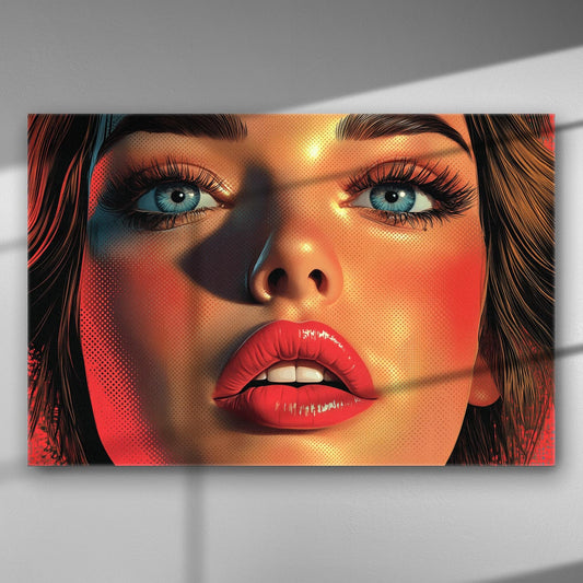 Portrait of a woman's face with vibrant colors and expressive features on canvas.