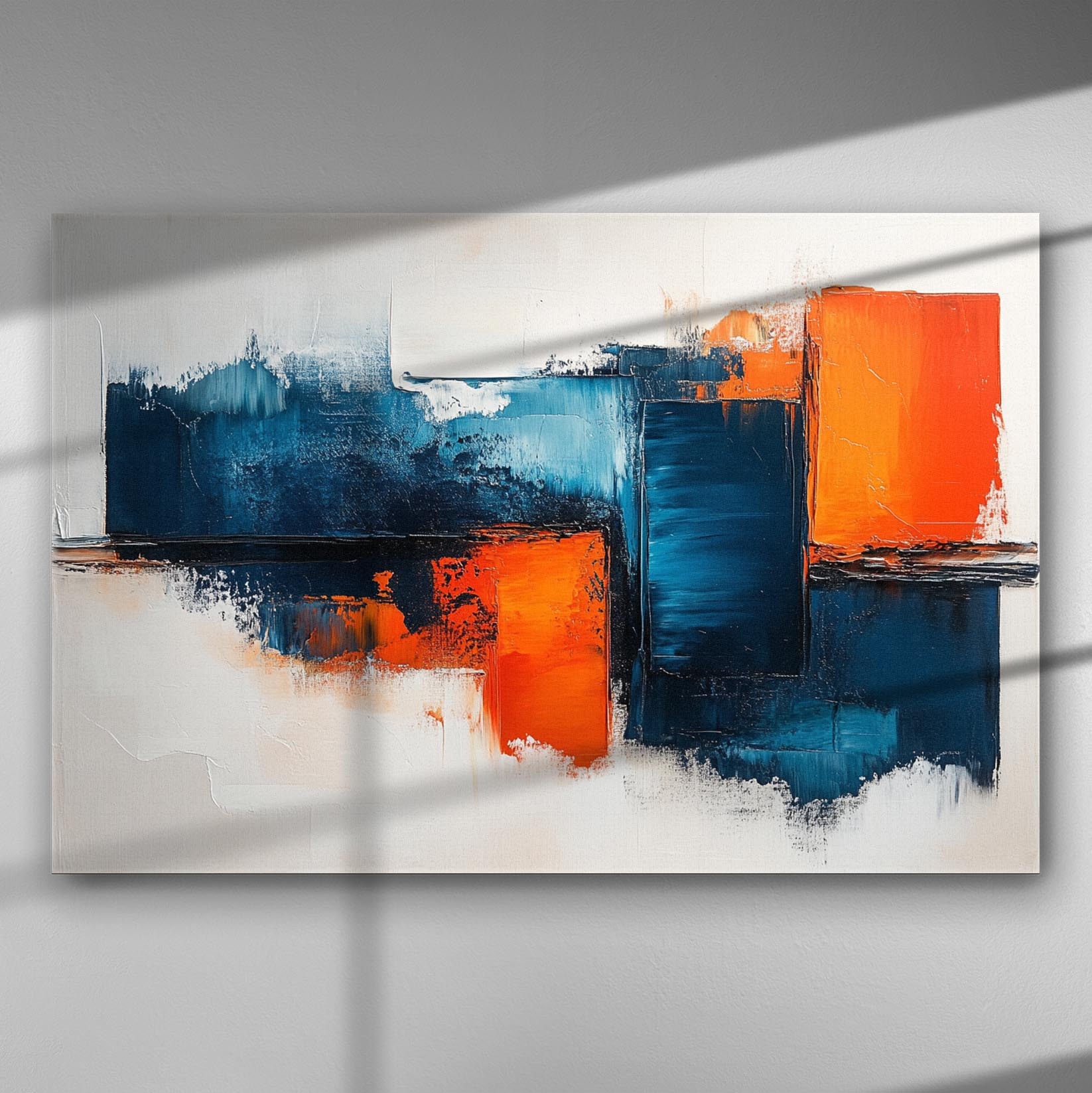 Abstract art canvas with geometric shapes in blue and orange tones.