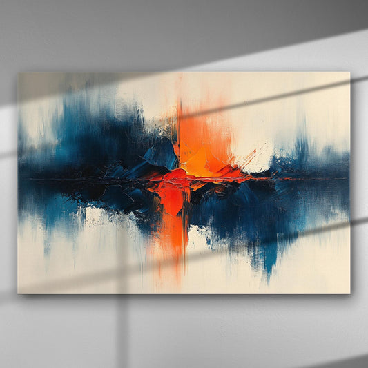 Abstract canvas print with dynamic blue and orange colors creating an energetic contrast.