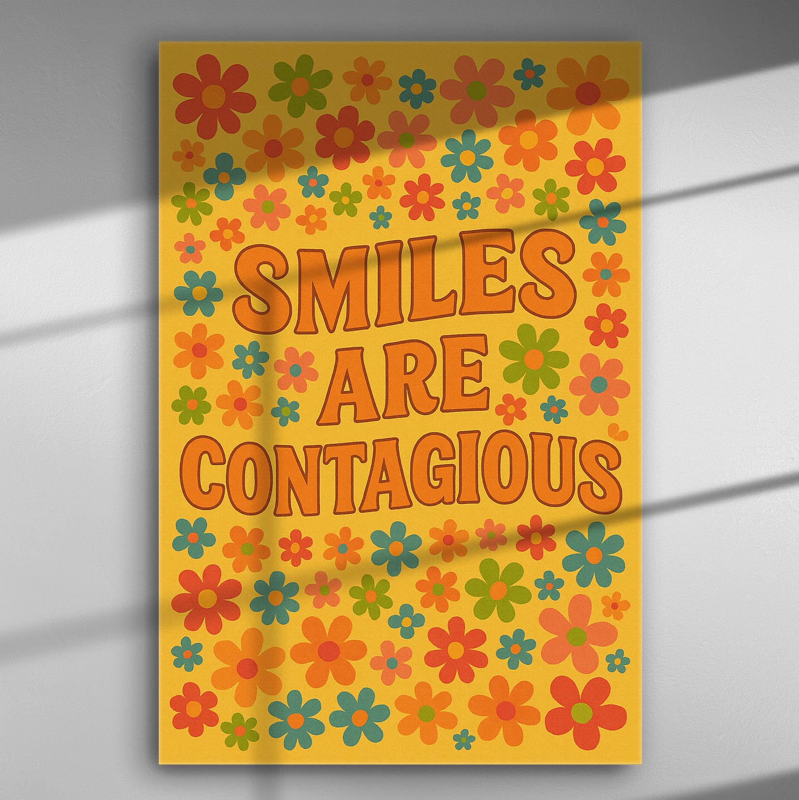 Colorful and vibrant canvas with flowers and the phrase 'Smiles are Contagious' in bold letters.