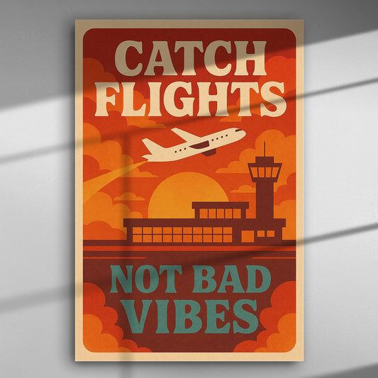 Retro-style travel poster with airplane, airport, and text 'Catch Flights, Not Bad Vibes' in orange and red tones.