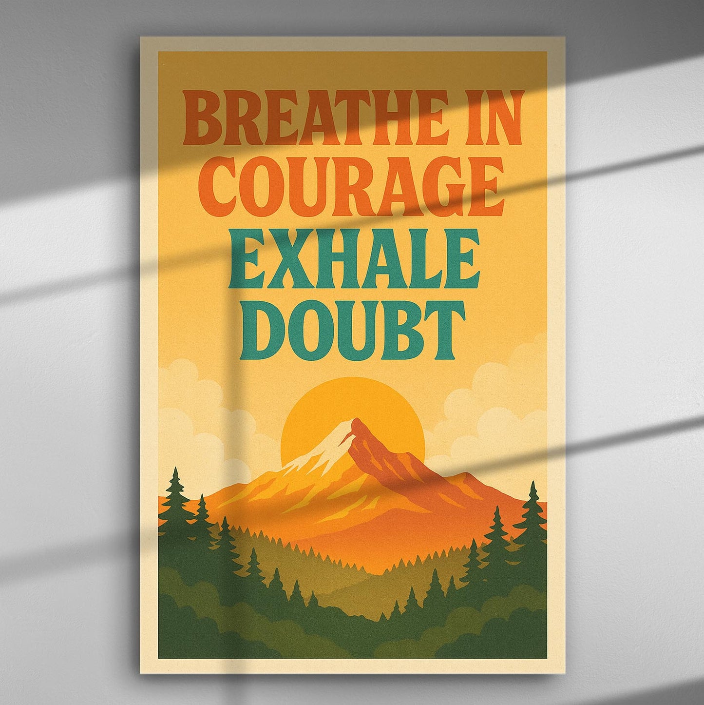 Motivational canvas print with text 'Breathe in Courage, Exhale Doubt' featuring a mountain and sun in retro style.