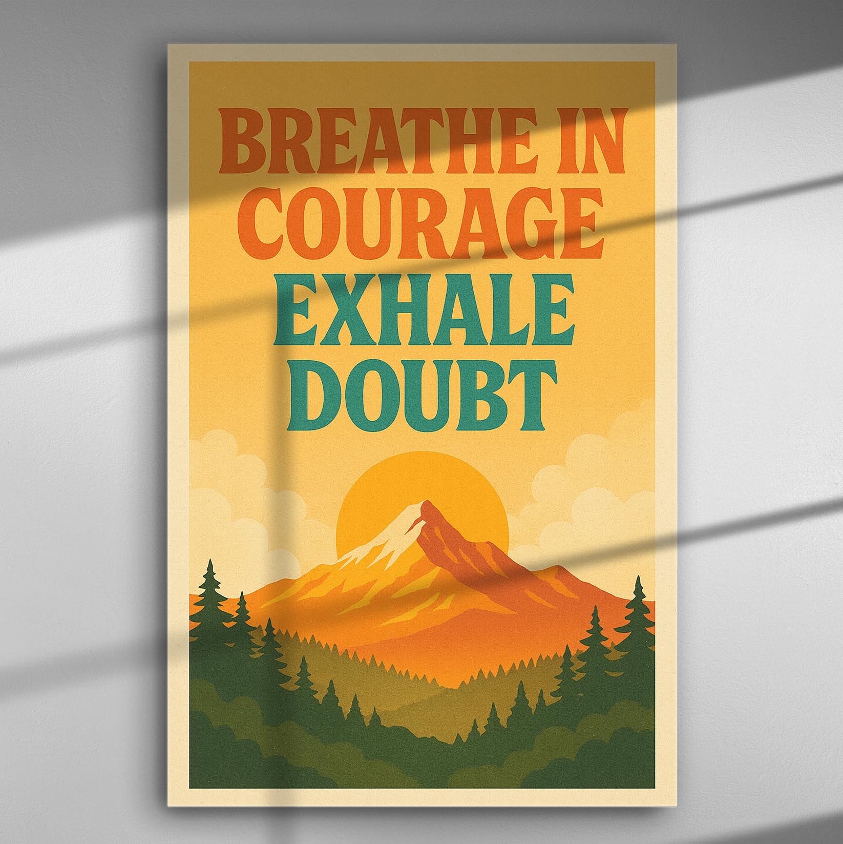 Motivational canvas print with text 'Breathe in Courage, Exhale Doubt' featuring a mountain and sun in retro style.