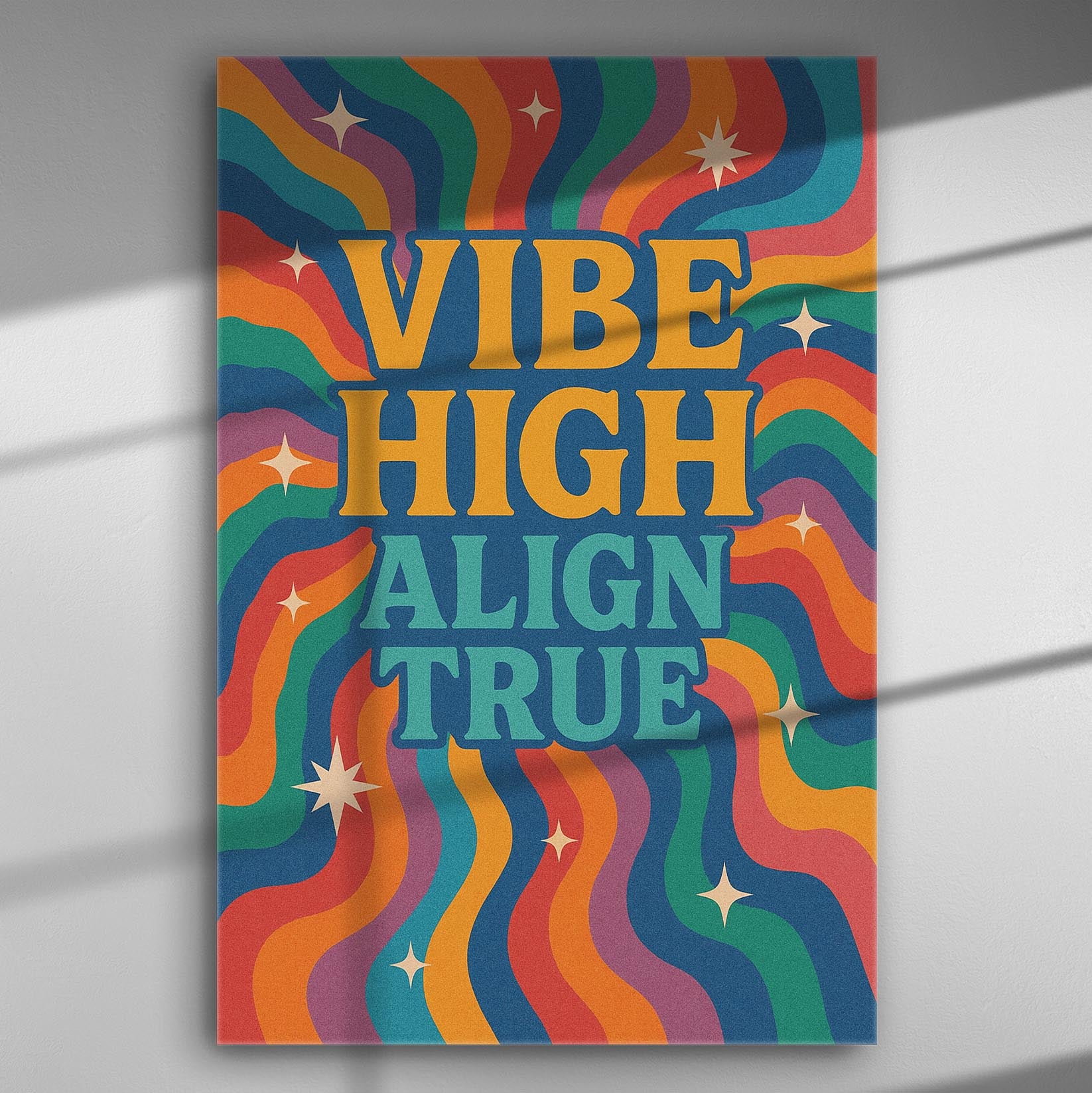 Colorful retro canvas with the text 'Vibe High Align True' surrounded by wavy patterns.