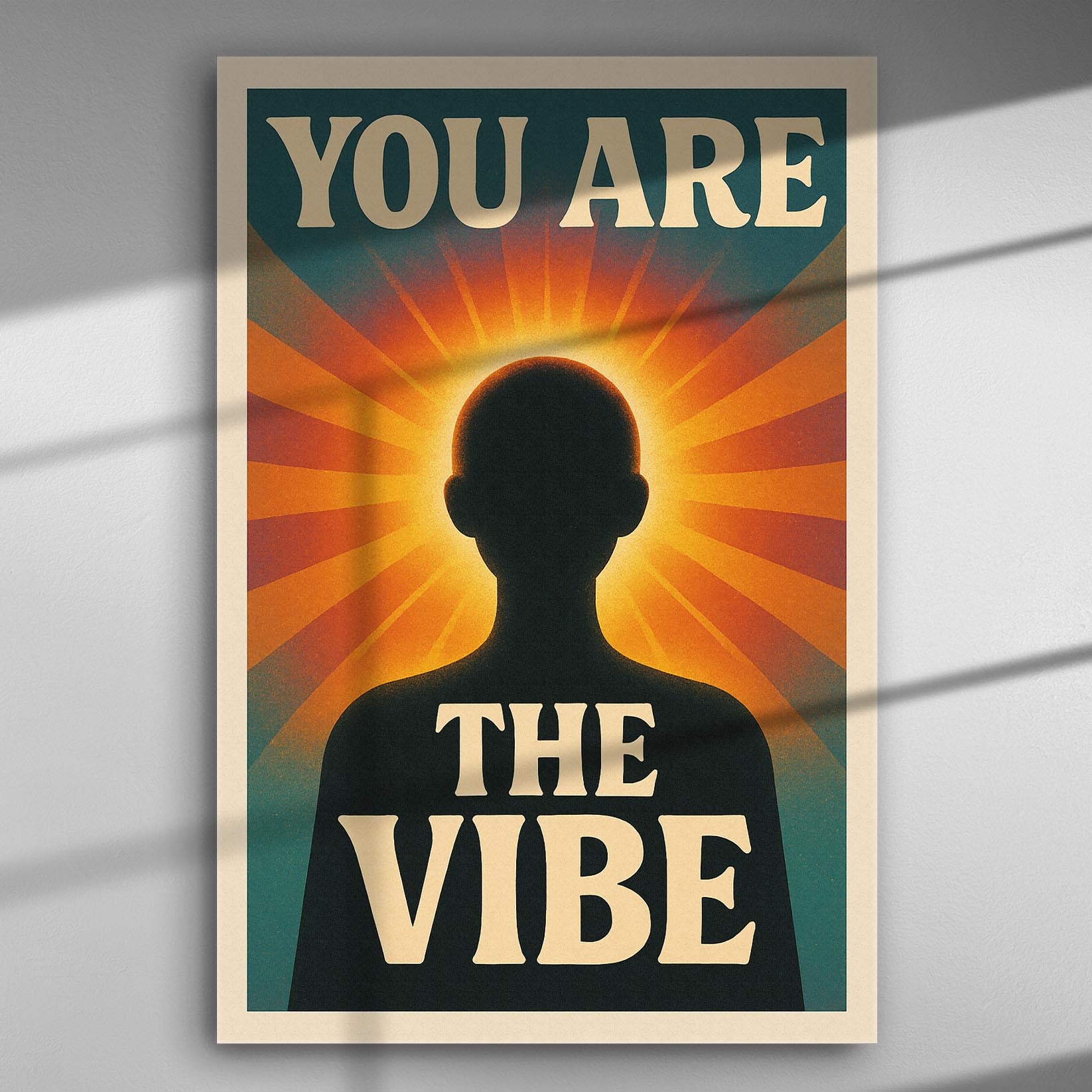 A silhouette with radiant light behind, featuring the text 'You Are The Vibe'.