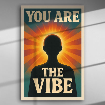 A silhouette with radiant light behind, featuring the text 'You Are The Vibe'.