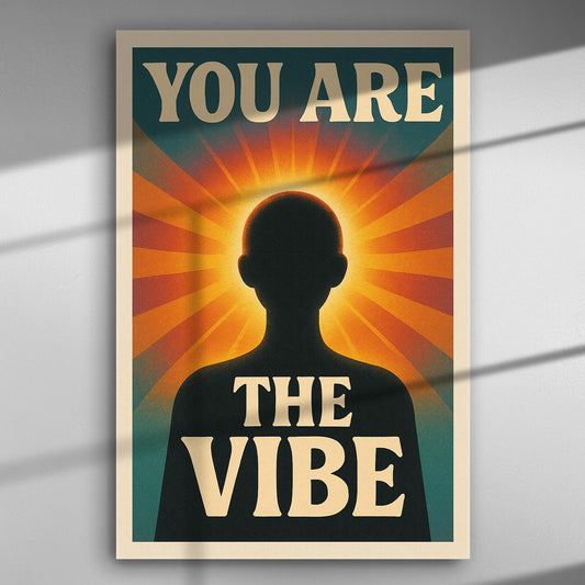 A silhouette with radiant light behind, featuring the text 'You Are The Vibe'.