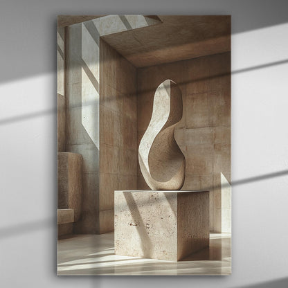 Abstract sculpture with light and shadow in minimal space on canvas.