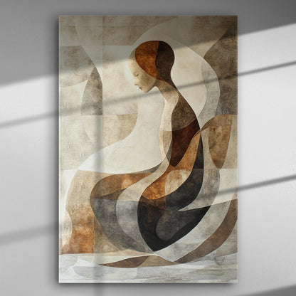 Abstract silhouette with geometric shapes and earthy tones on canvas, in a modern and sophisticated style.
