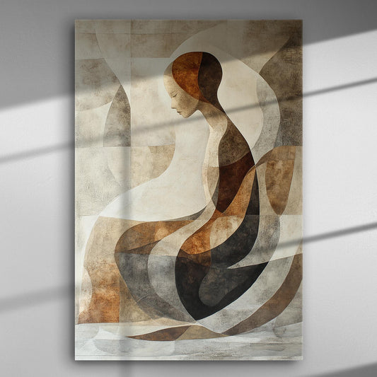 Abstract silhouette with geometric shapes and earthy tones on canvas, in a modern and sophisticated style.