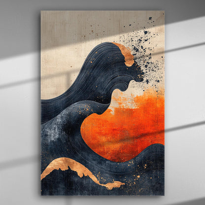 Abstract canvas art featuring dark blue wave and orange elements with gold highlights.