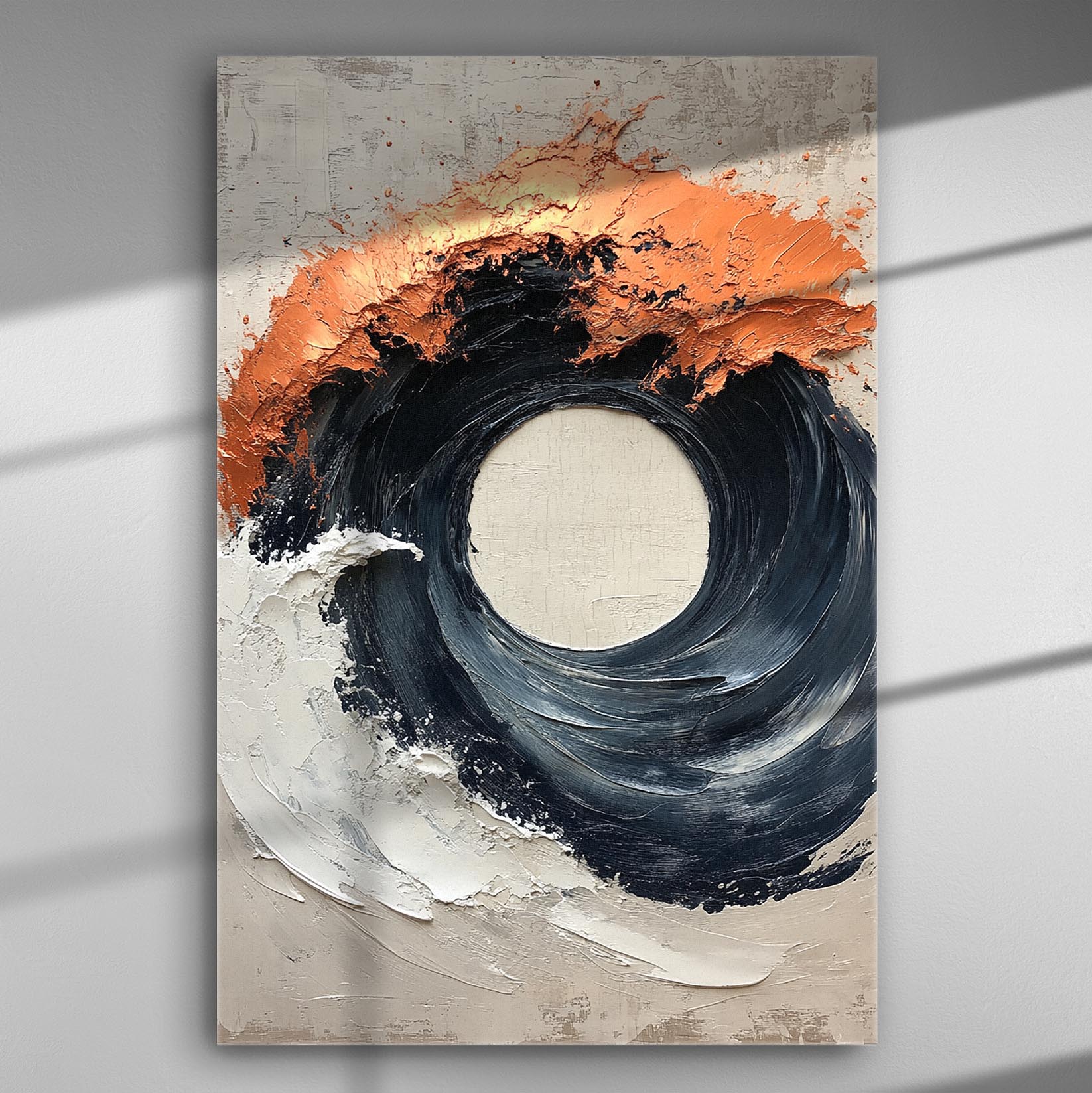 Abstract swirl painting with black circle and vibrant orange highlights on canvas.