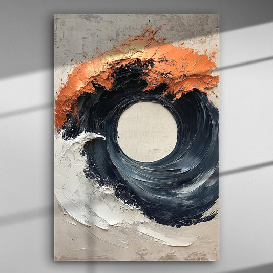 Abstract swirl painting with black circle and vibrant orange highlights on canvas.