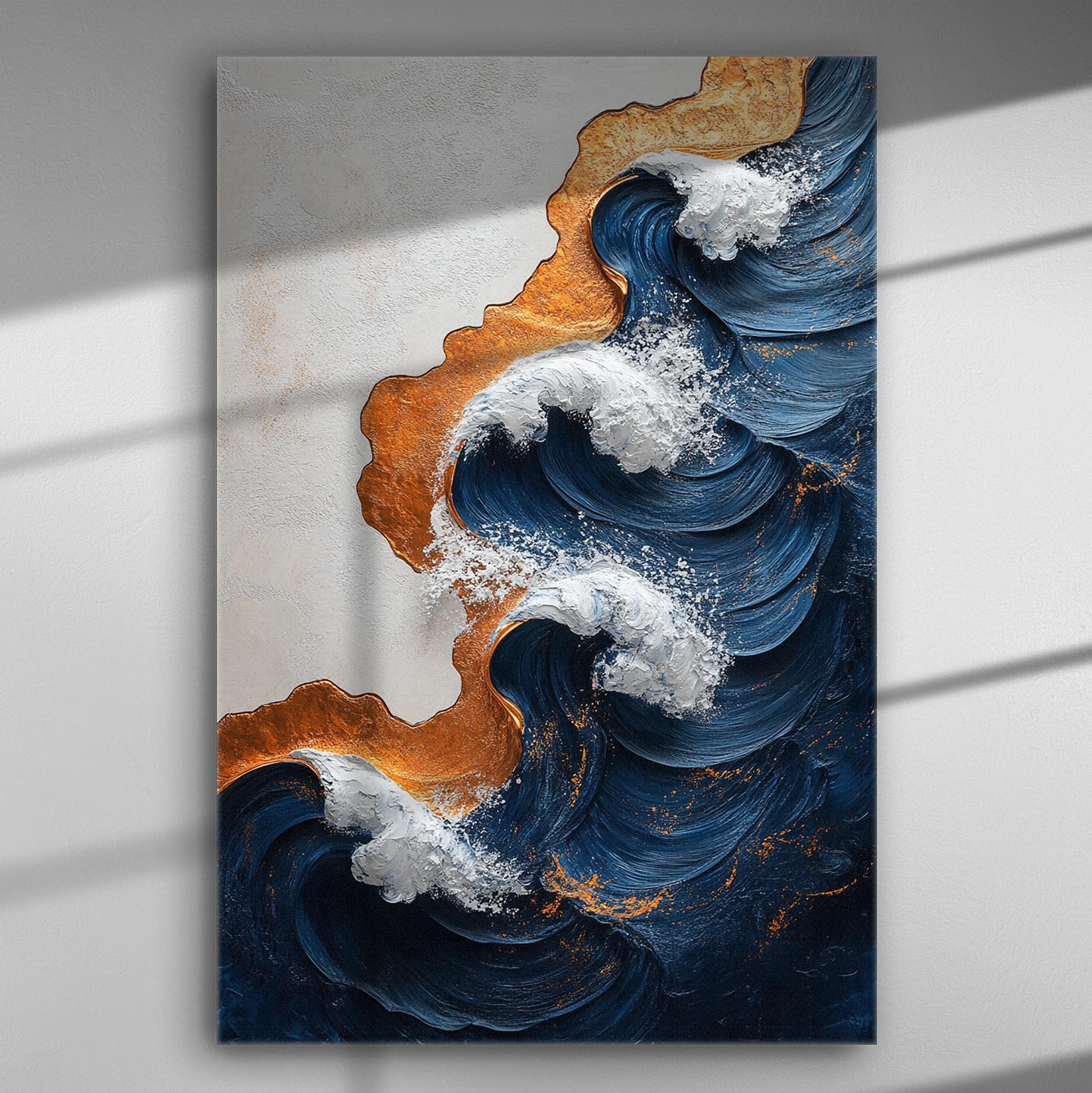 Abstract painting of ocean waves with blue and gold accents on canvas.