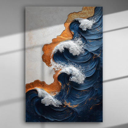 Abstract painting of ocean waves with blue and gold accents on canvas.