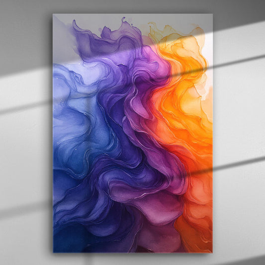 Abstract painting with blue, purple, and orange flowing colors on a canvas.