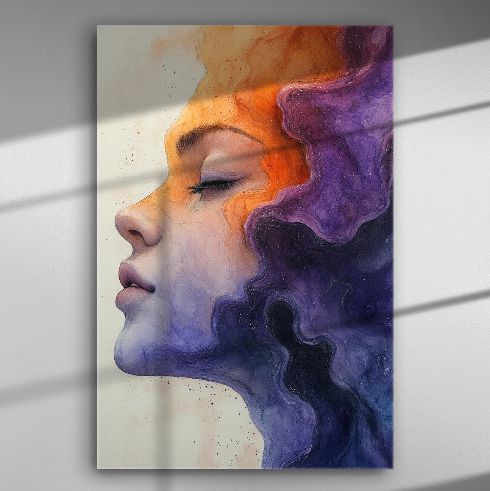 A portrait on canvas with harmonious shades of purple and orange, depicting tranquility and imagination.