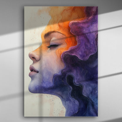 A portrait on canvas with harmonious shades of purple and orange, depicting tranquility and imagination.