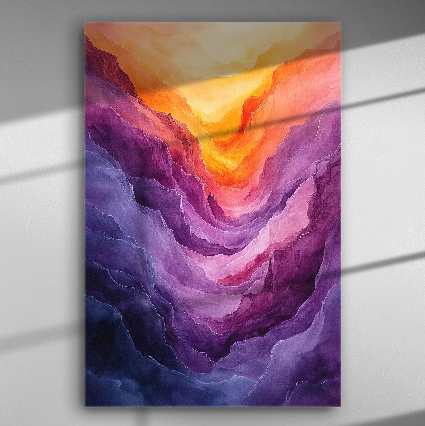 Abstract canvas art with vibrant shades of orange and purple creating a mystical depth.