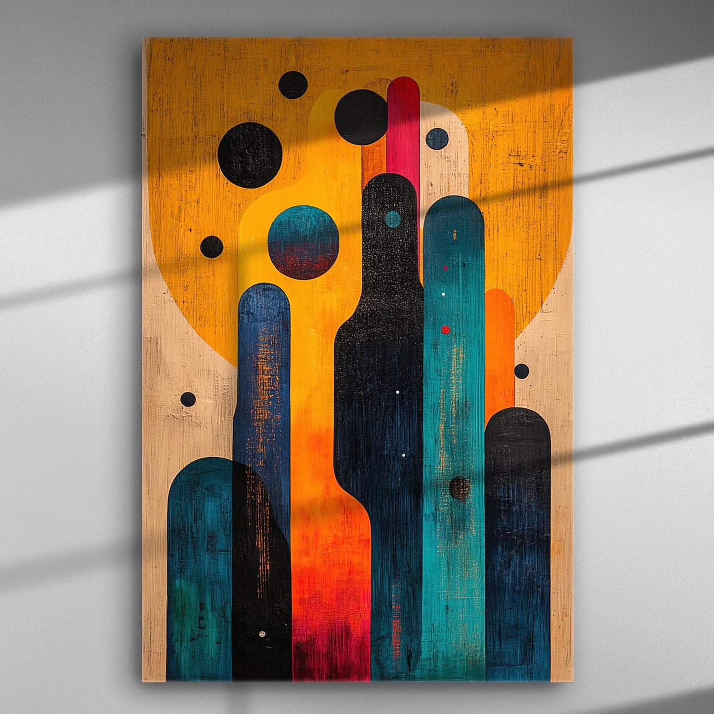 Abstract canvas print with vibrant colors and shapes creating a dynamic and modern artwork.