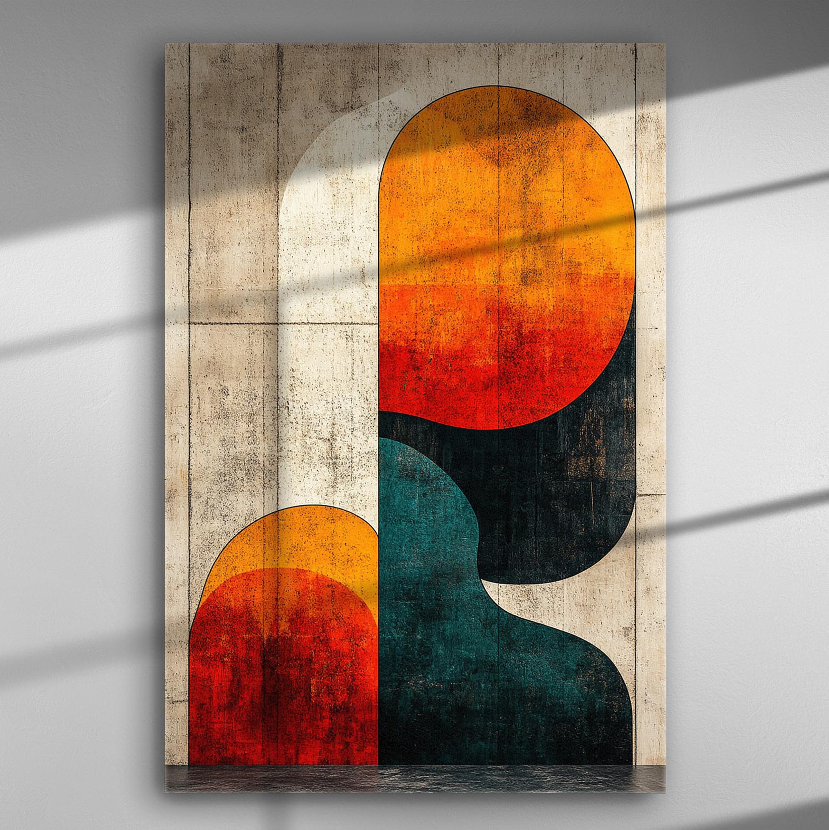 Abstract geometric shapes with orange and black colors on a textured canvas background.