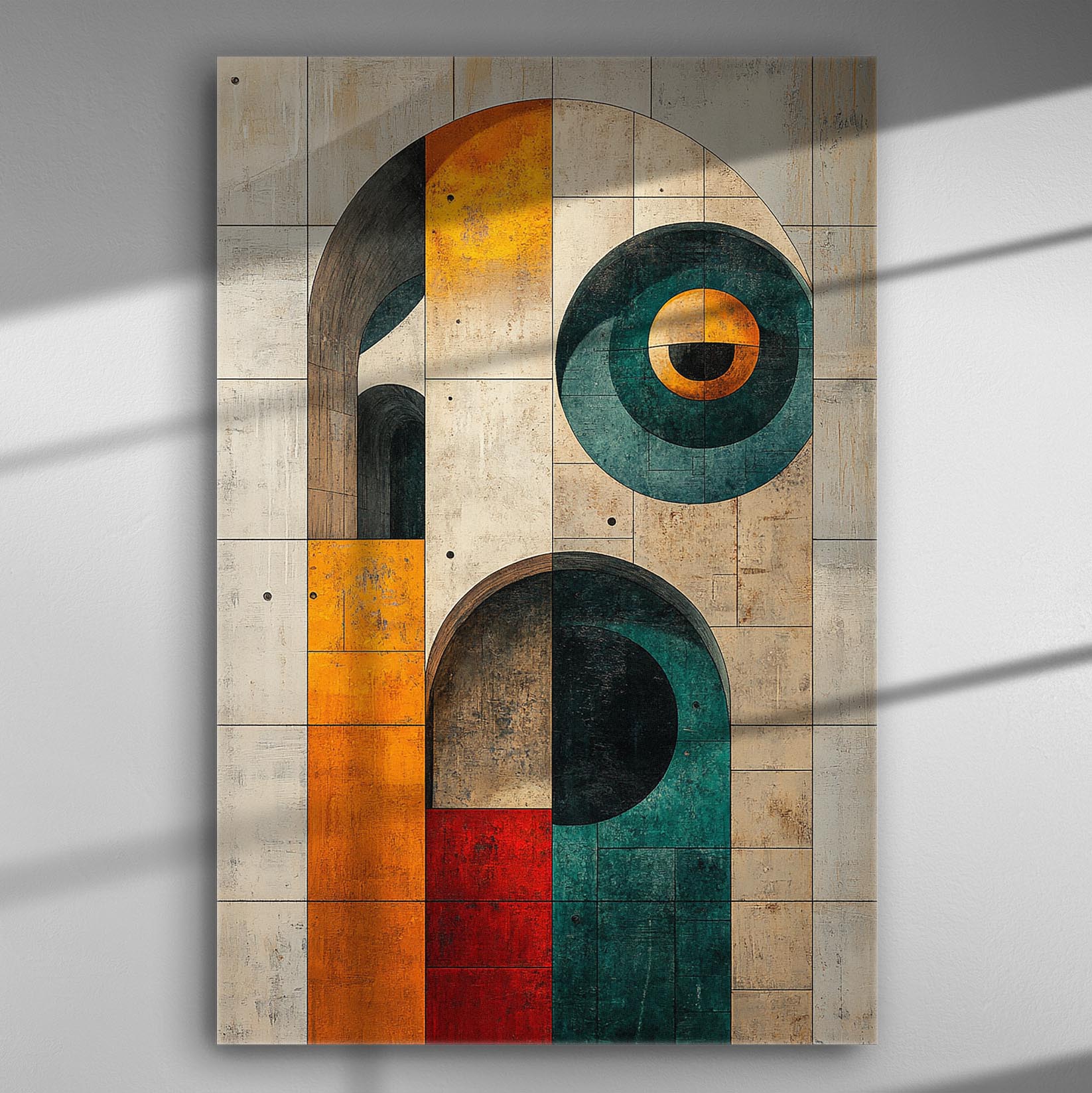 Abstract geometric art canvas with vibrant colors and shapes.