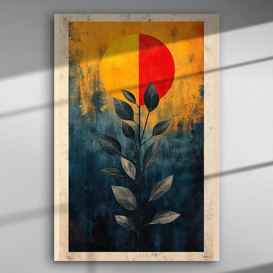 Abstract painting with a large sun and foliage on textured background.