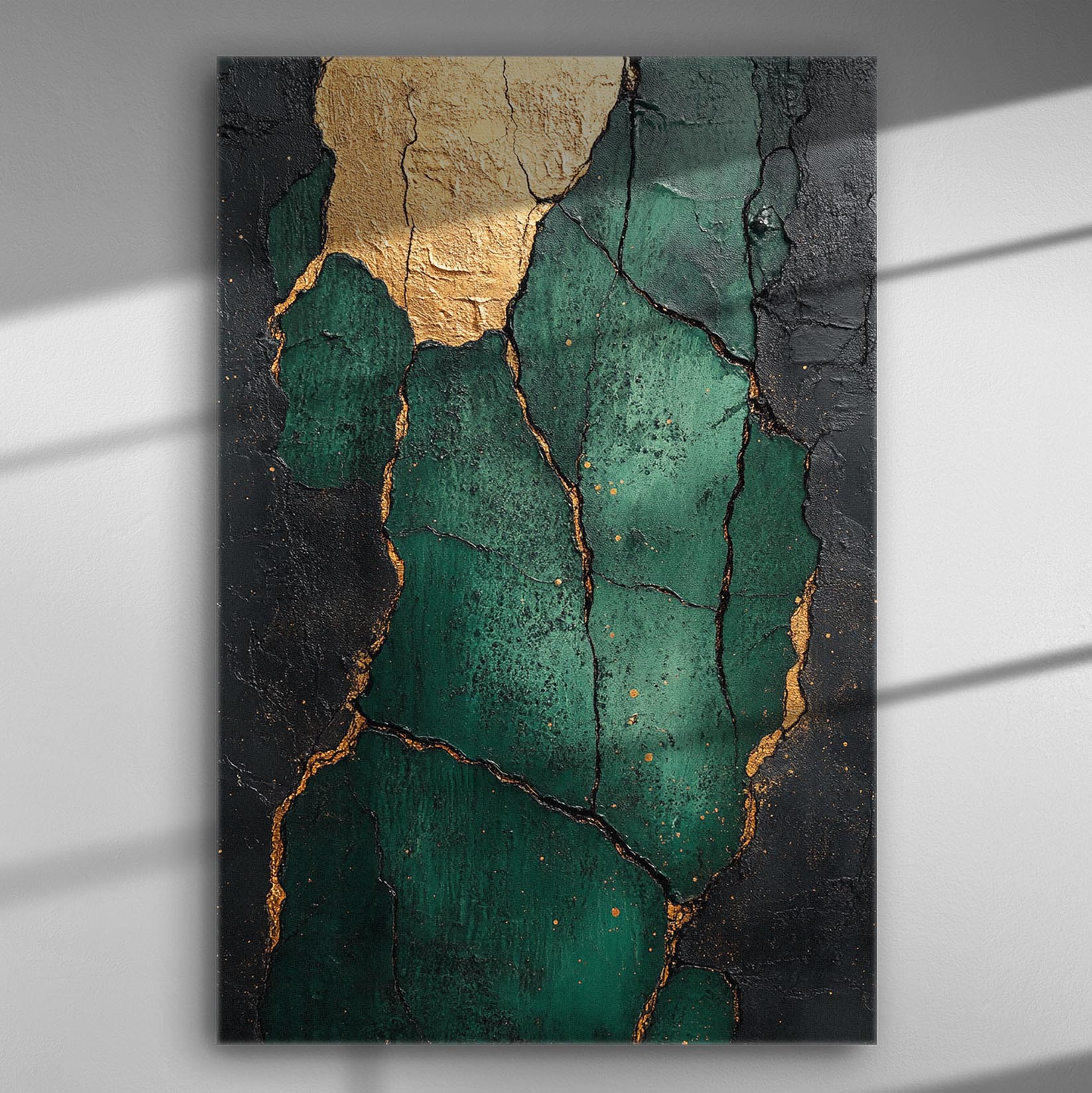 Abstract canvas painting with deep green and gold texture, featuring cracks and a modern design.