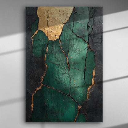 Abstract canvas painting with deep green and gold texture, featuring cracks and a modern design.