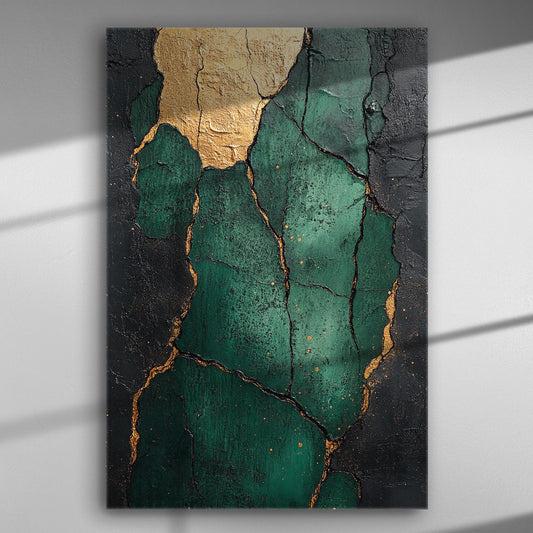 Abstract canvas painting with deep green and gold texture, featuring cracks and a modern design.