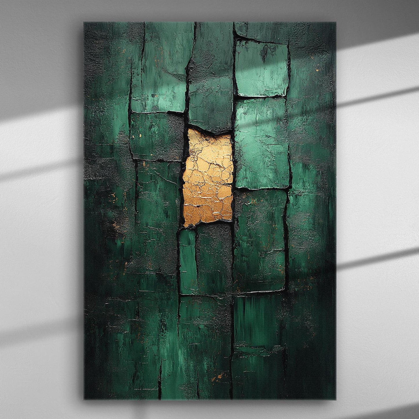 Abstract canvas with green and gold geometric textures.
