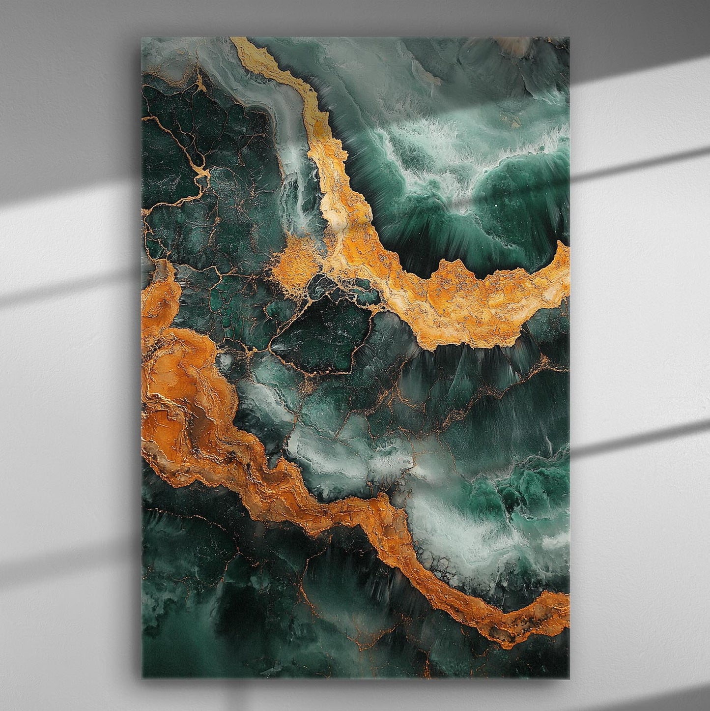 Abstract painting with golden and emerald green geologic patterns on canvas.