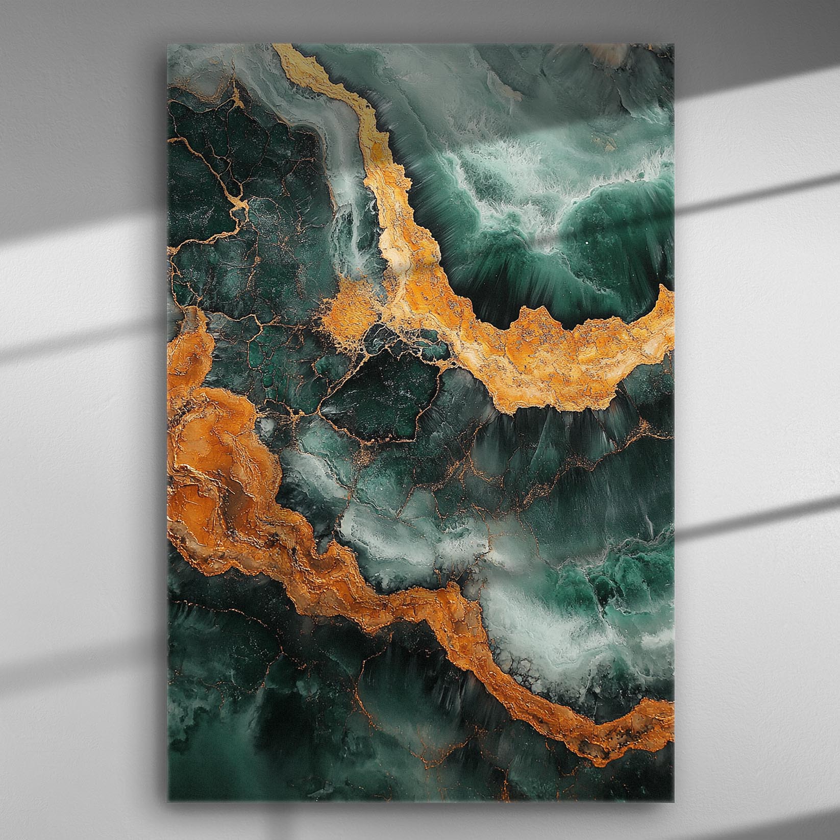 Abstract painting with golden and emerald green geologic patterns on canvas.