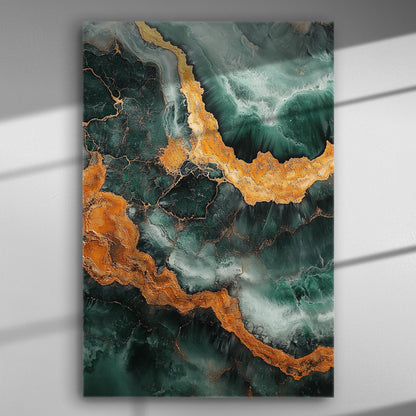 Abstract painting with golden and emerald green geologic patterns on canvas.