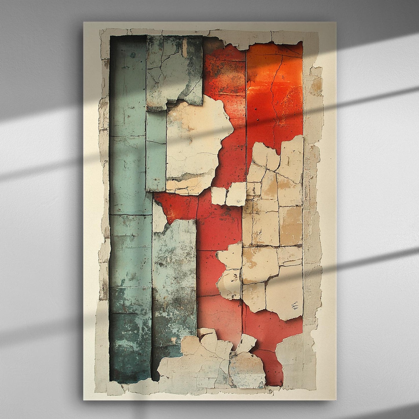 Artwork showing abstract composition with teal, red, and beige cracked paint effect on a canvas.